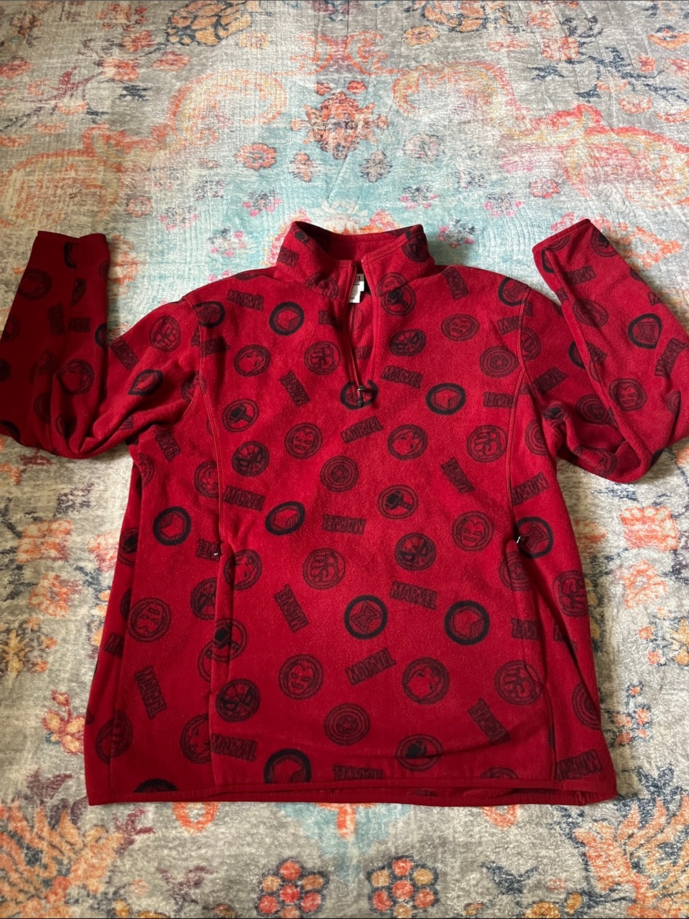 Marvel Red Fleece Quarter-Zip with Black Logo Pattern